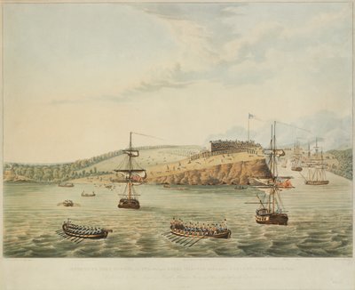 Angrep på Fort Oswego, Lake Ontario, N. Amerika. 6. mai 1814, middag, og stormende Fort Oswego av Second Battalion Royal Marines og et parti sjømenn, 15 meter over tolv på middagstid, gravert av R. Havell, 1815 av Lieutenant J. Hewitt