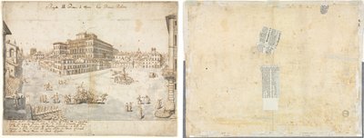 Atten utsikt over Roma: Piazza Barberini (recto); Sporing av en fontene fra Recto og skisser av to ansikter (verso) av Lievin Cruyl