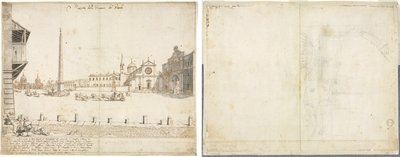 Atten utsikt over Roma: Piazza del Popolo (recto); Skisse for San Giovanni in Laterano (verso) av Lievin Cruyl