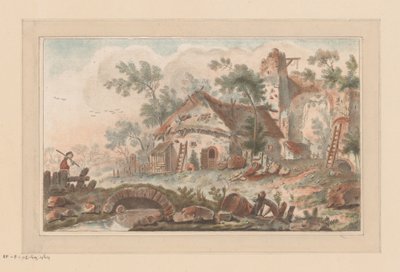 Hus foran en falleferdig byport, med en mann på en bro i forgrunnen av Liger (attributed to)