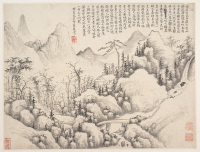 Fjellretreat, blad fra album for Zhou Lianggong, datert til 1654–55 (blad fra et samlealbum med mange blader; blekk og farge på papir) av Lin Shi