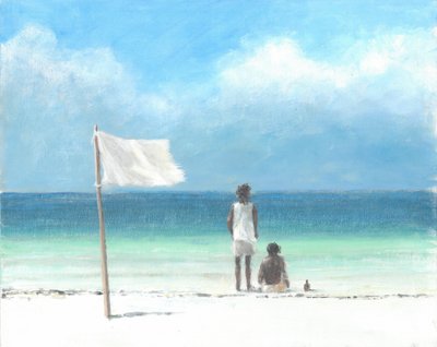Boys on Beach, Kenya (akryl på papir) av Lincoln Seligman