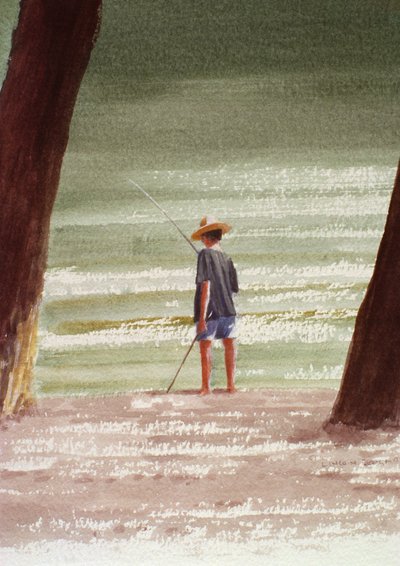 Henry Fishing, 1990 (akryl på papir) av Lincoln Seligman