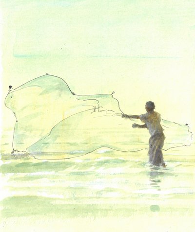Lone Fisherman 2, 2015 (penn og blekk med wc på papir) av Lincoln Seligman