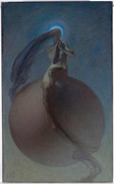 ""La quete"" (The Quest) Drømmelignende representasjon, kvinnelig silhuett plassert på en globus - Maleri av Lindsay Bernard Hall (1859-1935) ca. 1905 - Olje på lerret Dim 154x94,5 cm National Gallery of Australia, Canberra av Lindsay Bernard Hall