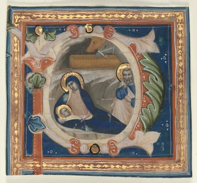 Historiert innledende P Utskåret fra en Gradual: The Nativity, ca. 1350-1375. av Lippo Vanni