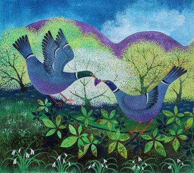 Love Birds, 2020, (akryl på papir) av Lisa Graa Jensen