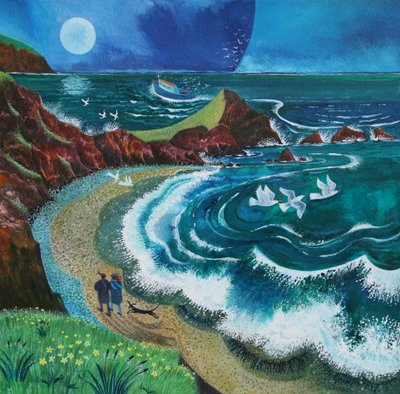 Vandrere ved Hartland Bay, 2019 (akryl på papir) av Lisa Graa Jensen