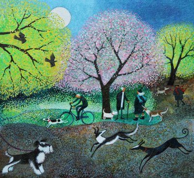 Wellie Road Dog Walkers, 2021 (akryl på lin) av Lisa Graa Jensen
