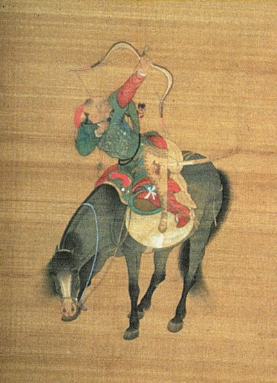 Kublai Khan (1214-94) Jakt (detalj), Yuan-dynastiet (blekk og farge på silke) (se 150417) av Liu Kuan tao