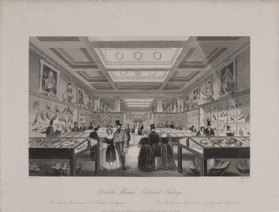 Utsikt over Zoological Gallery, British Museum som viser besøkende som ser på utstillinger, ca. 1850 (gravering) av Llewellyn (after) Jewitt