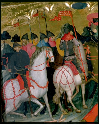 Monterte soldater, detalj fra altertavlen til Jomfruen og St. George, ca. 1390-1400 (tempera på panel) av Lluís Borrassà