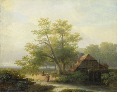 En vannmølle i et treaktig landskap av Lodewijk Hendrik Arends