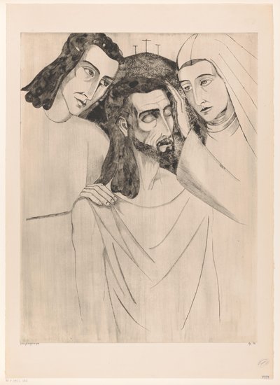 Christus tussen Johannes de Doper som Maria Kristus, hans mor og Johannes (originaltittel) av Lodewijk Schelfhout (signed by artist)