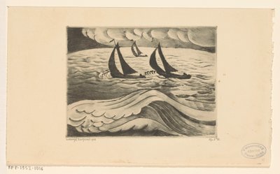 Tre seilskuter til sjøs under en storm La Tempête (original tittel) av Lodewijk Schelfhout (signed by artist)