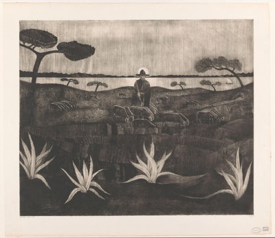 Gjeter med en saueflokk i et kupert landskap Le Troupeau (original tittel) av Lodewijk Schelfhout (signed by artist)