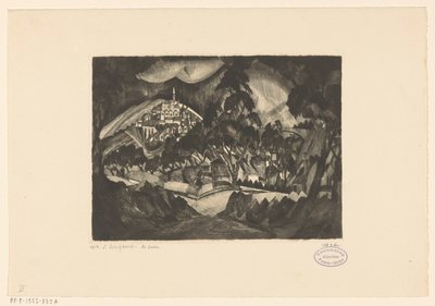 Kupert landskap med trær og bygninger Le Soir (original tittel på objekt) av Lodewijk Schelfhout (signed by artist)
