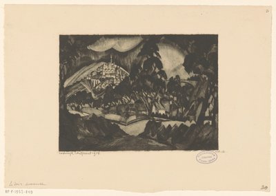 Kupert landskap med trær og bygninger Le Soir (original tittel på objekt) av Lodewijk Schelfhout (signed by artist)