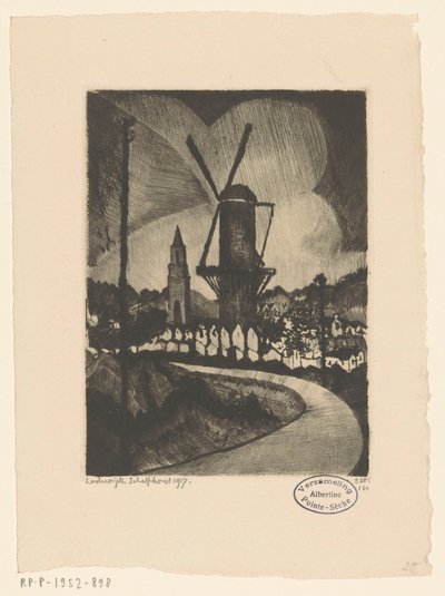 Kupert landskap med mølle Le Moulin (original tittel) av Lodewijk Schelfhout (signed by artist)