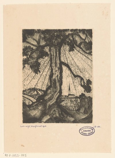 Kupert landskap med bebyggelse Le Village I (original tittel) av Lodewijk Schelfhout (signed by artist)