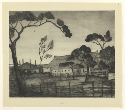Nederlandsk landskap med gård og eng Paysage Hollandais (original tittel) av Lodewijk Schelfhout (signed by artist)