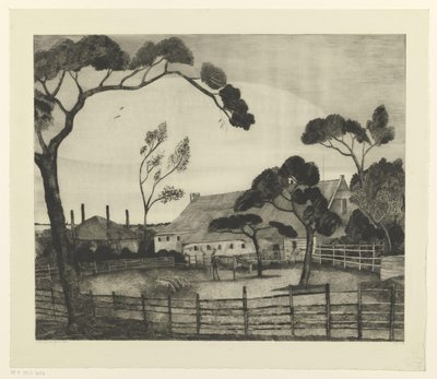 Nederlandsk landskap med gård og eng Paysage Hollandais (original tittel) av Lodewijk Schelfhout (signed by artist)