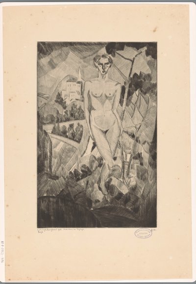 Naken kvinne i kupert landskap Nue dans un paysage (original tittel på objekt) av Lodewijk Schelfhout (signed by artist)
