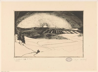Oppgående eller nedgående sol over et kupert landskap La Bruyère (originaltittel på objektet) av Lodewijk Schelfhout (signed by artist)