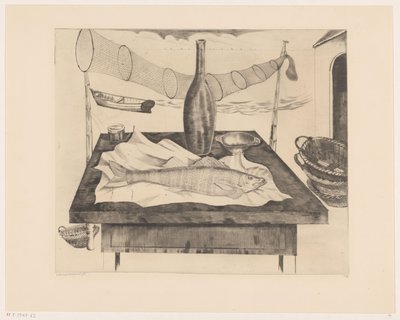 Stilleben med fisk, flaske og fiskegarn Après la pêche (original tittel) av Lodewijk Schelfhout (signed by artist)