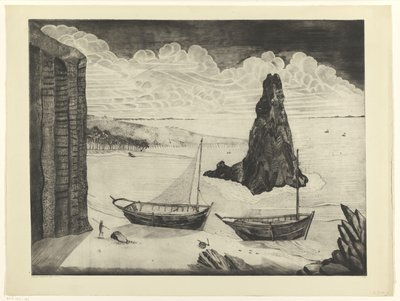 To fortøyde skip på en strand Le Rocher (original tittel) av Lodewijk Schelfhout (signed by artist)