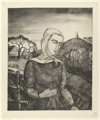Flamsk bonde i et kupert landskap Jeune fille Flamande (original tittel) av Lodewijk Schelfhout (signed by artist)