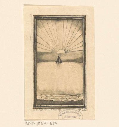 Seilskip til sjøs ved stigende eller nedgående sol av Lodewijk Schelfhout (signed by artist)