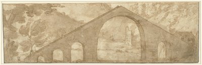 Bratt bru i et landskap av Lodewijk Toeput (attributed to)
