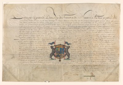 Diplom der Louis XIV opphøyde Cornelis Lampsins til baron av Tobago og ridder av St. Michels orden av Lodewijk XIV (koning van Frankrijk) (signed by artist)
