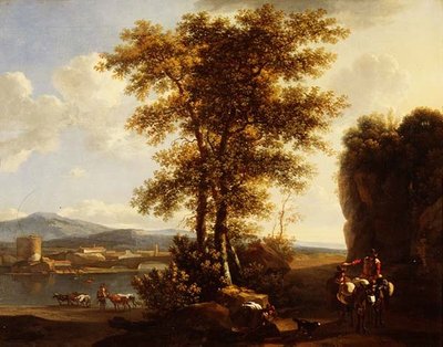 Et italiensk skogkledd elvelandskap med reisende på en sti, en gjeter med storfe og en by utenfor av Lodewyck van Ludick