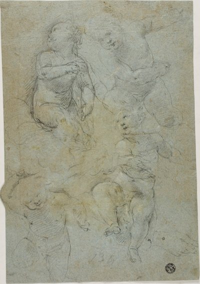 Skisser av fire Putti (recto); Knestående kirkelig (verso) av Lodovico Carracci