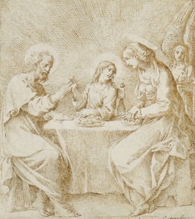 Spedbarnet Kristus, Jomfruen og Saint Joseph sitter ved et bord med en engel, av Lodovico Carracci