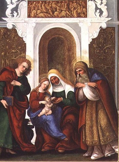 Madonna og barn med SS. Anne, Johannes evangelisten og Zacharias eller Madonna og St. Anne of the Cherries (panel) av Lodovico Mazzolino