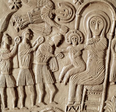Arkeologi i middelalderen (middelalderen). Lombardias barbariske kunst: tilbedelse av magi, lavt relieff av alteret til hertug Rachis. Skulptur, Lombard kunst, 737-744. Cividale del Friuli, Chretien-museet, katedralens skatt av Lombard School