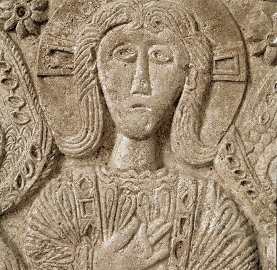 Arkeologi i middelalderen (middelalderen). Barbarkunst fra Lombardia: detalj av Kristus, lavt relieff av alteret til hertug Rachis. Skulptur, Lombard kunst, 737-744. Cividale del Friuli, Chretien-museet, katedralens skatt av Lombard School