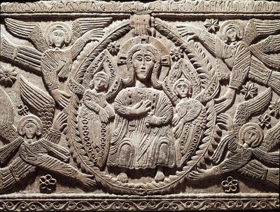 Lombard kunst: Kristus i herlighet, lavt relieff fra alteret til hertug Rachis (Ratchis eller Ratgis) - Skulptur, Lombard kunst, 737-744 (Relieff av alteret til Ratchis som representerer Kristus i herlighet) Cividale del Friuli, Chretien Museum, skattmeste av Lombard School