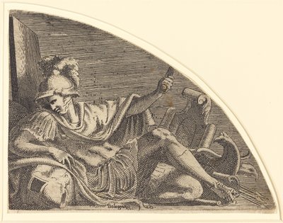 Mars sitter på trofeer av Léon Davent after Francesco Primaticcio