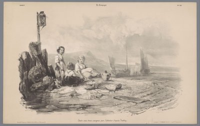 Tre barn leker i en bukt Skildringer av livet på landet (serietittel) La kampanjen. Etudes varieés aux deux Crayons (serietittel på objekt) av Léon Jean Baptiste Sabatier