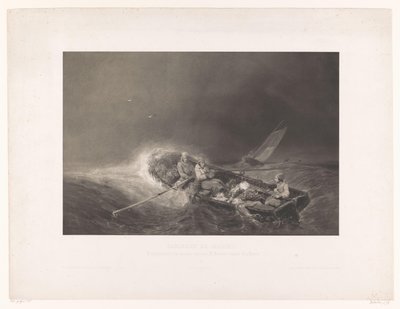 Vissers in een roeiboot op zee Marine gezichten (serietittel) Marine malerier. Litografiert i mezzotint av L. Sabatier etter Eug. Isabey (serietittel på objekt) av Léon Jean Baptiste Sabatier