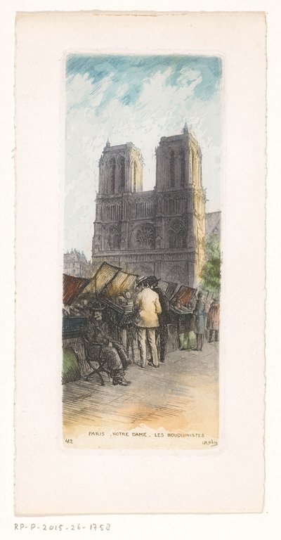 Utsikt over Notre-Dame i Paris med bokhandlere i forgrunnen Paris Notre Dame les bouquinistes (tittel på objekt) av Léopold Robin
