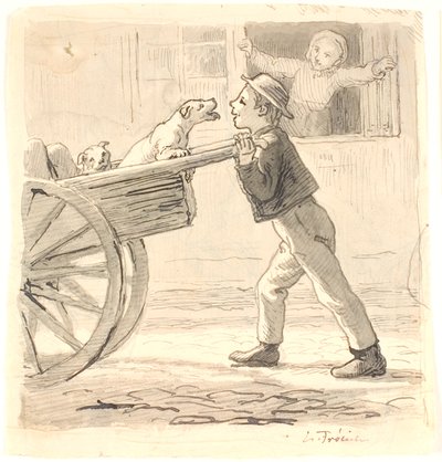 En gutt dytter en vogn med hunder av Lorenz Frølich