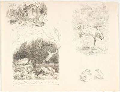 Fire utkast til illustrasjoner for Skrubtoadsen, H.C. Andersens nye eventyr og historier av Lorenz Frølich