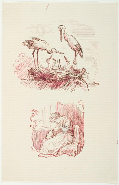 F.o.: Stork. F.n.: Sittende kvinne med en frosk på fanget av Lorenz Frølich