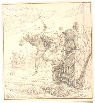 Olaf Tryggvesen hopper over bord under slaget ved Svolder av Lorenz Frølich