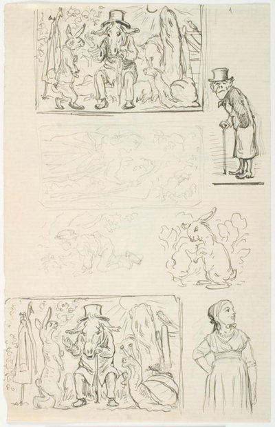 Syv utkast, bl.a. til H.C. Andersens Hurtiglöperne, Sneglen og rosehekken og Anne Lisbeth av Lorenz Frølich